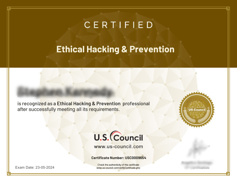 sample certificate for us-council Ethical Hacking & Prevention